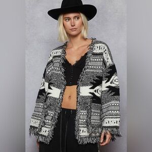 POL “ Wild Soul Knit “ Boho Fringe Cardigan | Black & White
